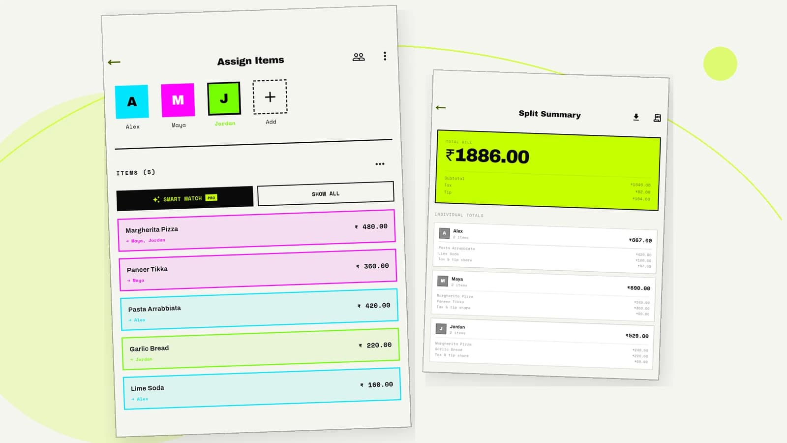 SettleTab assignment and summary screens showing how a shared bill becomes individual totals.