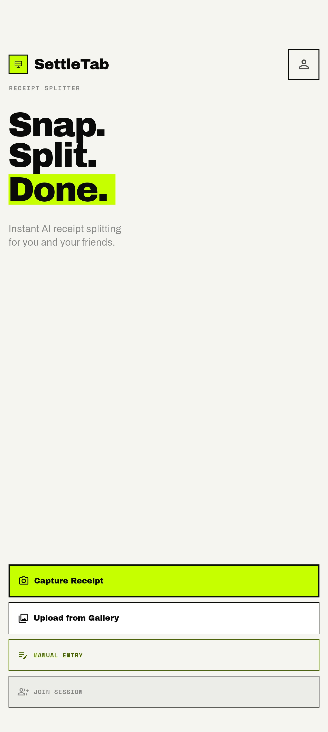SettleTab home screen offering receipt capture, gallery upload, and manual entry.