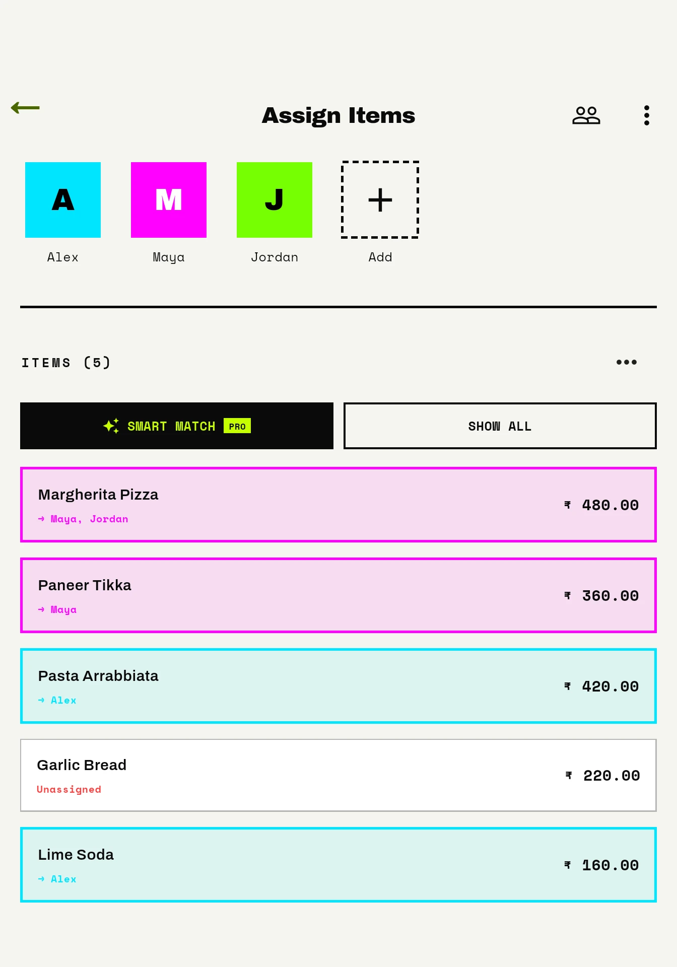 SettleTab assignment screen showing individual items, a shared pizza, and unassigned Garlic Bread for Alex, Maya, and Jordan.