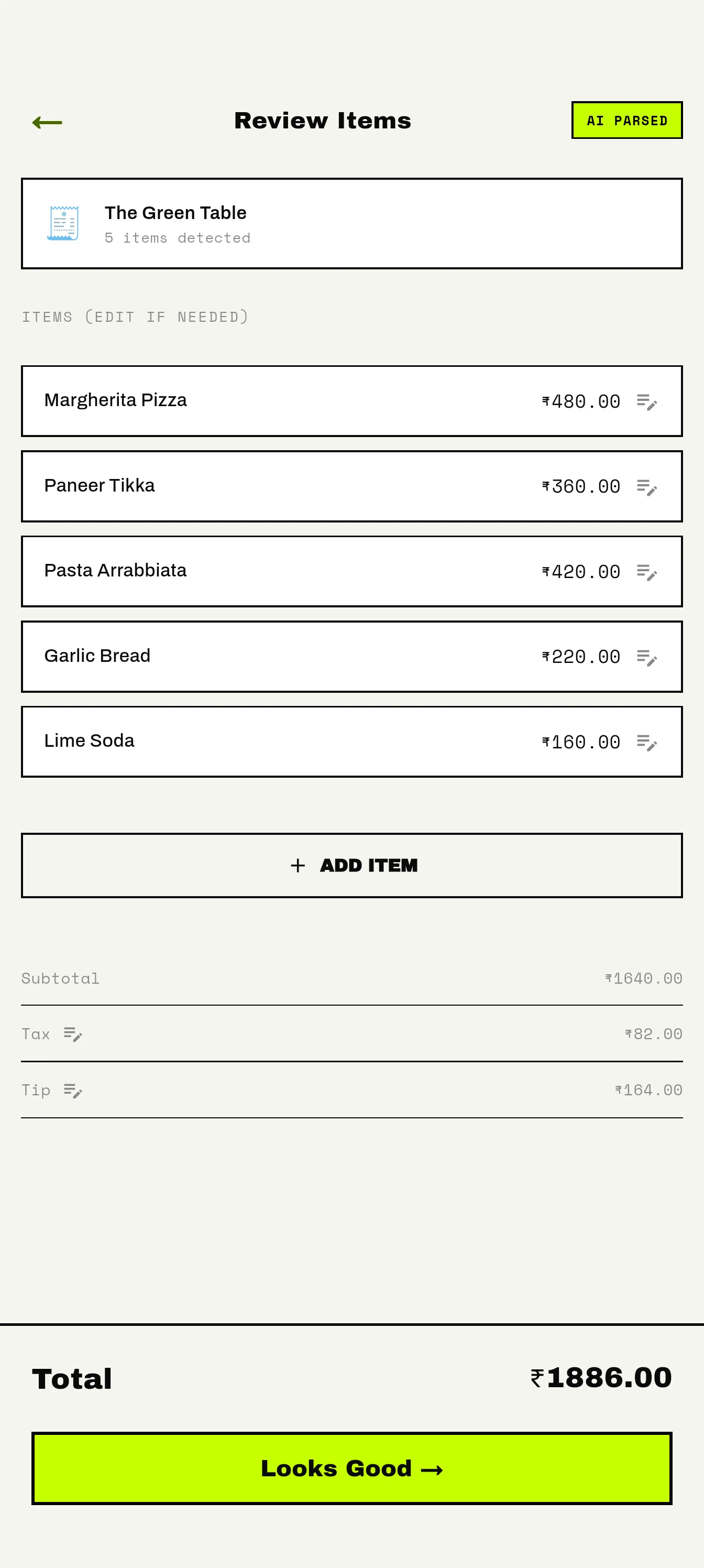 Editable SettleTab receipt for The Green Table with five items, tax, tip, and a ₹1,886 total.