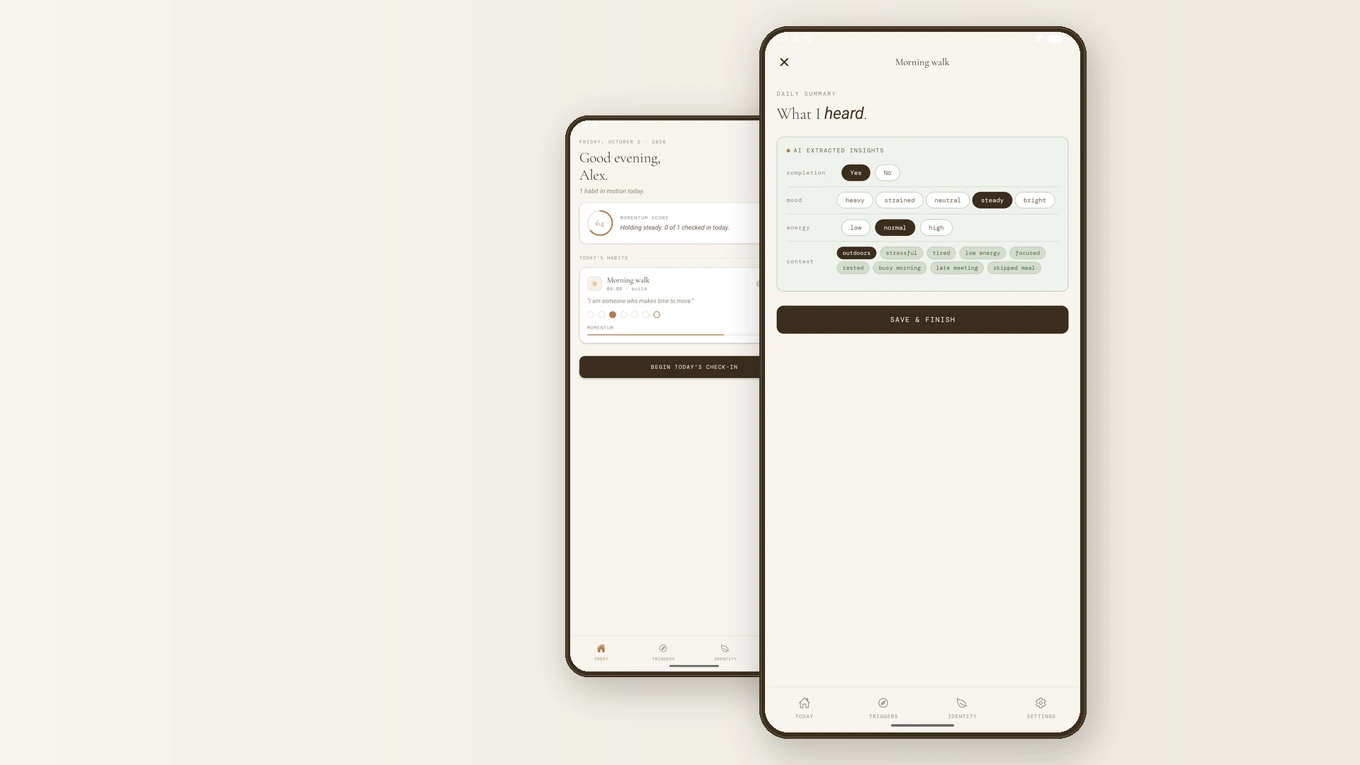 Two Tare app screens showing a habit overview and a reviewed check-in.