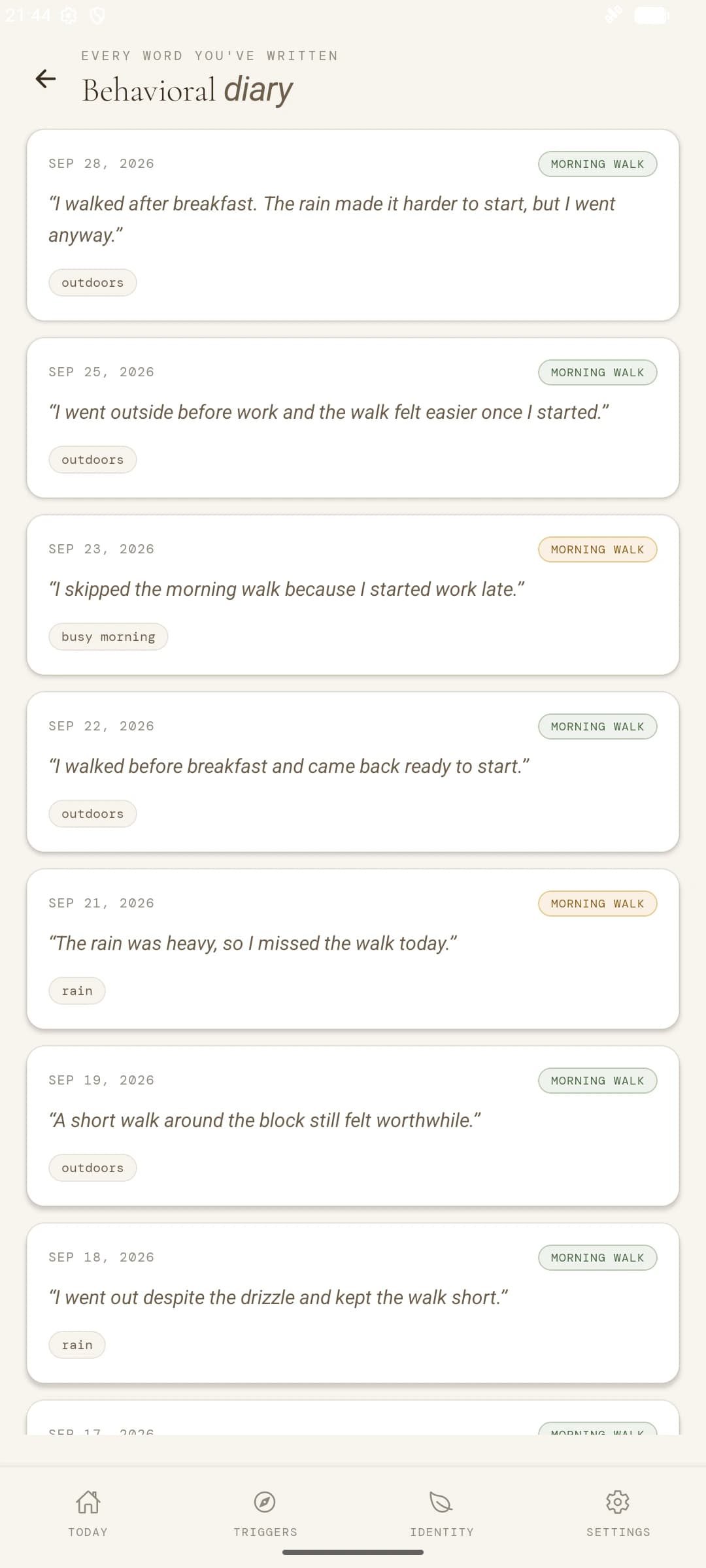Tare diary listing synthetic habit check-ins.